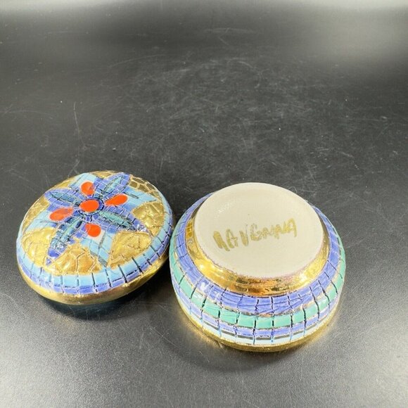 Signed Italian Round Hand Painted Trinket Dish W Lid Jewelry Holder Storage VTG - Picture 8 of 12